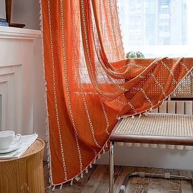 Sutuo Home Orange Boho Curtains for Bedroom Living Room,Terracotta Semi Blackout Linen Farmhouse Shabby Chic Tassels Window Treatment Bohemian Embroidery Drape, Rod Pocket 1 Panel 52" W x 96" L - Image 5