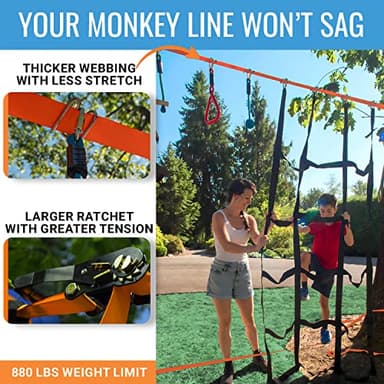 Ninja Warrior Obstacle Course for Kids – 2 x 50 ft Slacklines with 10 Weatherproof Obstacles – Monkey Net, Ratchet-Tight Technology, Supports Up to 880 lbs – Climbing & Swinging Equipment - Image 2