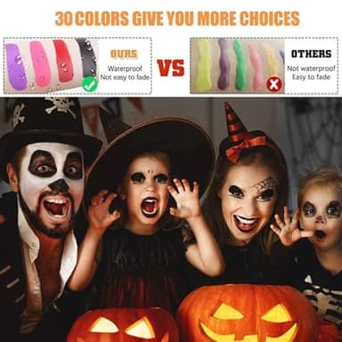 VOLLUCK Face Paint Kit, Water Based Facepaint Makeup Kit with 30 Vibrant Colors, 10 Brushes & 6 Stencils, Easy to Use and Clean Body Paint for Halloween, Birthday, Cosplay, Festivals - Image 5