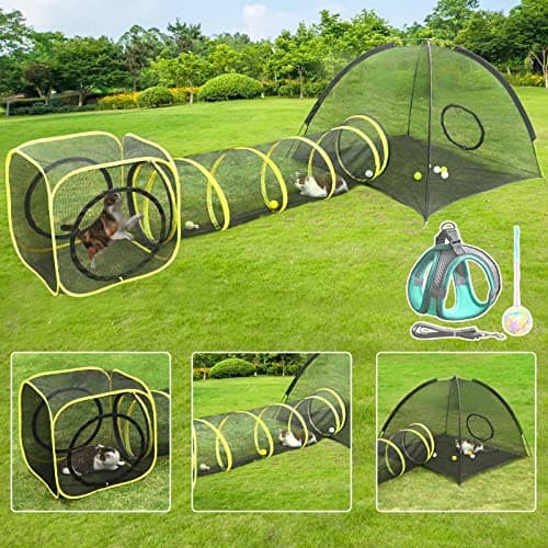 Outdoor Cat Enclosures for Indoor, Portable Mesh Tent, Outdoor pet Tunnel, Cat Playhouse with Adjustable Cat Harness and Leash for Walking, Colorful Tease Ball for Small Animals - Image 1