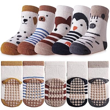 TRUEHAN 5 Pairs Toddler Non Slip Socks with Grips Baby Socks for Kids Girls Boys （5 Pairs Stripe Animal Combinations，6-12 months） - Image 1