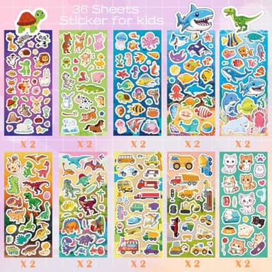 KARSLORA 36 Sheets Stickers for Kids, 800+ Stickers for Scrapbooking Including Animals, Fruits, Dinosaurs, Hearts, Cats, Fish, Cars, Space and More, Party Favors for Kids - Image 2