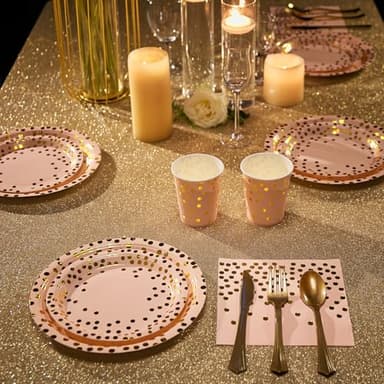 Pink and Gold Party Supplies - 350 PCS Disposable Dinnerware Set - Pink Paper Plates Napkins Cups, Gold Plastic Forks Knives Spoon for Graduation, Birthday, Cocktail Party - Image 5