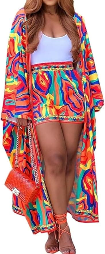 QegarTop Kimono Shorts Set for Women Two Piece Summer Vacation Outfits Flowy Beach Cover up Duster - Image 1