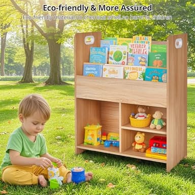 VECELO Wooden Children’s Bookshelf - Kids Book Organizer with 3-Tier Display and 2-Tier Storage Compartments, Easy-to-Access Toddler Bookcase for Playroom, Bedroom, or Nursery - Teak - Image 6
