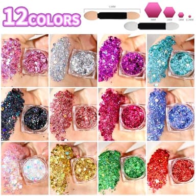 Teenitor Body Glitter Face Glitter Makeup Festival Glitter, 12 Colors Face and Body Glitter Gel, Hair Glitter Gel, Body Makeup - Image 3