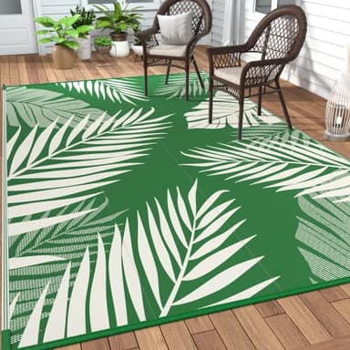 GENIMO Outdoor Rug 9' x 12' Waterproof for Patios Clearance, Reversible Outdoor Plastic Straw Camping Rug Carpet, Large Area Rugs Mats for RV, Picnic, Backyard, Deck, Balcony, Porch, Dark Green&White - Image 1