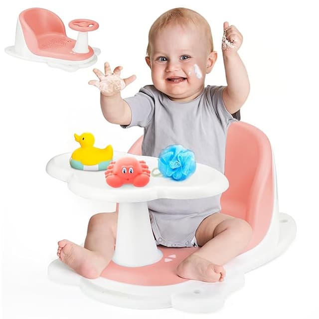Baby Bath Seat with Tray for Babies 6 Months & Up, Baby Bathtub Seat with Ultra Strong Suction Cups, Infant Bathtub Support Chair Soft Cushion & Ergonomic Backrest, Ideal Gift for Infants (Pink