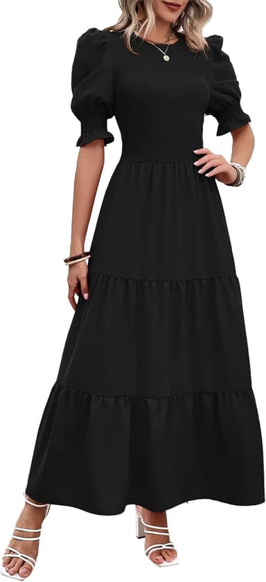 BTFBM Women Casual Summer Dresses 2026 Spring Crew Neck Ruffle Short Sleeve Smocked Floral Boho Flowy Maxi Dress Clothes - Image 2