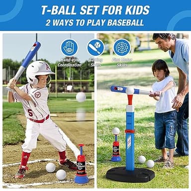 HYES 2 in 1 Kids Basketball Hoop and T Ball Set - Adjustable Height, Kids Baseball Tee with Automatic Pitching Machine, Indoor Outdoor Sport Toys Gifts for Toddler Boys Girls Age 1-5, Blue - Image 4