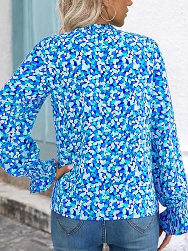 MASCOMODA Womens V Neck Floral Long Sleeve Tops 2025 Summer Casual Loose Puff Sleeve Chiffon Boho Work Blouse Dressy T Shirts(Blue,Large) - Image 5