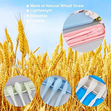 Reusable Travel Utensils Set with Case, 4 Sets Wheat Straw Portable Knife Fork Spoons Tableware, Eco-Friendly BPA Free Cutlery for Kids Adults Picnic Camping Utensils(Green, Beige, Pink, Blue) - Image 6