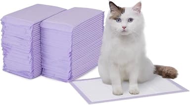 Amazon Basics Cat Pee Pads, 60 Count, Universal Fit for Litter Box, Odor Control, Unscented, White/Purple - Image 1