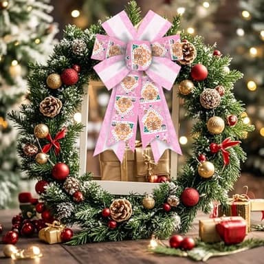 Blinket 2pcs Christmas Bows for Wreath, 8.46 inch 12.99 inch Pink and White Stripe With Gingerbread House Design, Wired Craft for Holiday Tree Topper, Front Door, and Indoor Decor - Image 3
