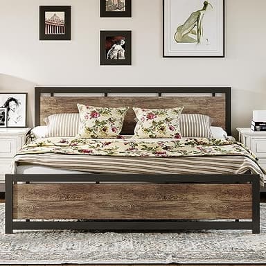 LIKIMIO King Bed Frame with Headboard and Footboard, Metal Strong Supports, Easy Assembly, Noise-Free, No Box Spring Needed, Walnut - Image 1