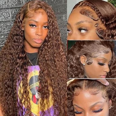 Bworto 30 Inch Chocolate Brown Deep Wave Lace Front Wigs Human Hair 13x6 Hd Curly Lace Frontal Wigs for Black Women Pre Plucked Wet and Wavy Glueless 4# Brown Color - Image 2