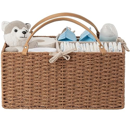 HBlife Large Baby Diaper Caddy Organizer, Paper Rope Storage Baskets Nursery Bin with Removable Divider, Portable Car Organizer for Diapers, Baby Shower Gifts, Newborn Essentials Must Haves - Image 1