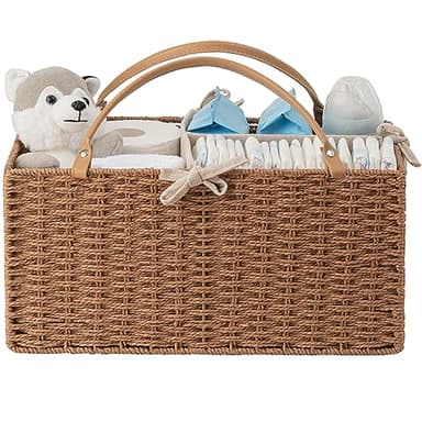 HBlife Large Baby Diaper Caddy Organizer, Paper Rope Storage Baskets Nursery Bin with Removable Divider, Portable Car Organizer for Diapers, Baby Shower Gifts, Newborn Essentials Must Haves - Image 1