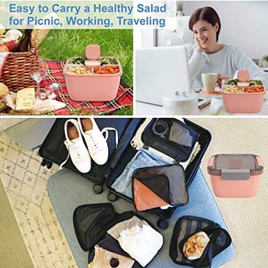 Freshmage Salad Lunch Containers To Go, 2 Pack 52-oz Bowls with 3 Compartments, Dressing Containers for Toppings, Snacks - Pink & Green - Image 7