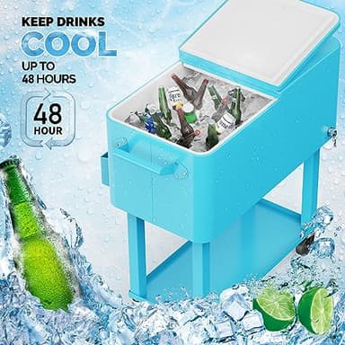 VINGLI 80 Quart Rolling Ice Chest, Portable Patio Party Bar Drink Cooler Cart, with Shelf, Beverage Pool with Bottle Opener (Light Blue) - Image 3