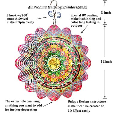 FONMY Mandala Wind Spinner w/Crystal Ball-Romatic Flower 3D Stainless Steel Hanging Spinners Worth Gift Christmas Decoration Indoor/Outdoor Garden Décor Kinetic Yard Art 12 Inches Wind Sculpture - Image 5