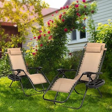 Nazhura Set of 2 Relaxing Recliners Patio Chairs Adjustable Steel Mesh Zero Gravity Lounge Chair Beach Chairs with Pillow and Cup Holder Khaki (Kahki) - Image 2
