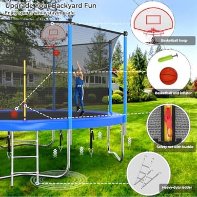 Upgraded 16FT 15FT 14FT 12FT 10FT 8FT Trampoline Outdoor with Basketball Hoop and Net, Capacity for 4-6 Kids and Adults - Image 2