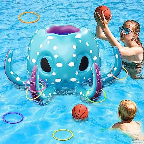 iPlay, iLearn Pool Wave Kids Octopus Pool Toys, 2-in-1 Inflatable Float Water Game, Basketball Hoop Ring Toss Outdoor Swim Play, Cool Summer Family Party Gift 3 4 5 6 7 8 Year Old Boy Girl Child-Blue - Image 1