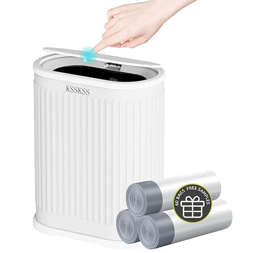 KSSKSS 1.8 Gallons Small White Bathroom Trash Can with Lid, Slim Bathroom Garbage Bin, Removable Liner Bucket, Dog Proof Trash Can with Pop-Up Lid for Bedroom,Toilet - Image 1