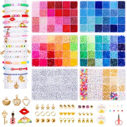 Goldwise Friendship Bracelet Kit 6 Boxes, Bracelet Making Kits with 48 Colors Clay Beads, 48 Colors Glass Seed Beads and 4 Styles Letter Beads (A-Z) with Charms for Bracelet Making Gift - Image 1
