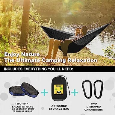 SZHLUX Camping Hammock Double & Single Portable Hammocks with 2 Tree Straps and Attached Carry Bag,Great for Outdoor,Indoor,Beach,Camping,Black & Grey, Large - Image 3