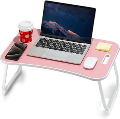 ZEAPTAC Laptop Bed Desk, Foldable Lap Desk, Portable Lap Table, Laptop Stand with Cup Holder & Tablet Slot & Lifting Handle for Working Writing Drawing & Eating - Pink - Image 2