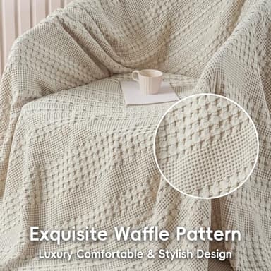 David's Home 100% Cotton Waffle Blanket Queen Size, Lightweight Breathable Soft Cooling Blanket for All Seasons, Gift for Women, Aesthetics Home Decor for Couch Sofa Bedding,Oatmeal,90x90 - Image 3
