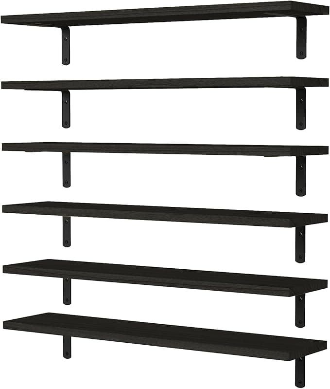 WOPITUES Wood Floating Shelves Set of 6, 24 inch Long Floating Shelves for Wall Decor, Farmhouse Shelf for Bedroom, Bathroom Storage Shelves, Book Shelves for Living Room - Black - Image 1