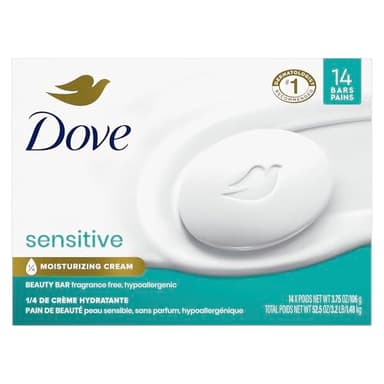 Dove Beauty Bar More Moisturizing Than Bar Soap for Softer Skin, Fragrance-Free, Hypoallergenic Beauty Bar Sensitive Skin With Gentle Cleanser 3.75 oz 14 Bars - Image 2