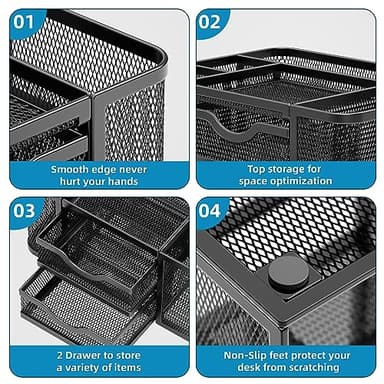 Marbrasse Mesh Desk Organizer, Pen Organizer with 2 Drawer, Multi-Functional Pencil Holder, Desk Organizers and Accessories with 5 Compartments + Drawer for Office Art Supplies (Black) - Image 6