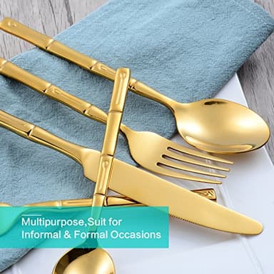 Flatasy Silverware Set Gold Flatware Set Stainless Steel Bamboo Handle Cutlery Set Mirror Polished 60 Pieces for Home Kitchen Restaurant Hotel Wedding Housewarming Gift Service for 12 - Image 5