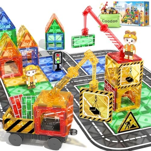 Kids Games Magnetic Tiles with 2 Cranes Construction Set Sensory Toys for Boys Girls Ages 3-6 5-7 8-13, Gifts for 3+ Year Old Boys Girls Toddler Outdoor Kids Toys with Car - Image 1