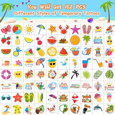 JCFIRE Summer Pool Beach Party Favors Kids Tattoos, 102 Styles Larger Tropical Hawaiian Luau Themed Temporary Tattoos for Kids Teens Adult, Waterproof Summer Stickers Party Decorations Supplies - Image 3