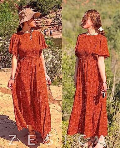 ZESICA Women's 2025 Summer Casual Floral Print Short Flutter Sleeve Crew Neck Smocked High Waist Flowy Maxi Dress,Caramel,Large - Image 7