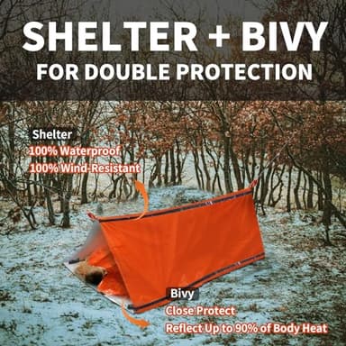 Frelaxy Extra-Thick Survival Tent and Emergency Sleeping Bag, Emergency Shelter Survival Bivy Set with Whistles, Paracord, Storage Pouches, and EVA Case, Perfect for Survival Kits (Orange Set) - Image 3