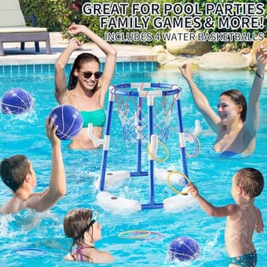 NIPLOOOW Pool Basketball Hoop, 2-in-1 Floating Pool Toys Ring Game with 4 Balls and Pump, Outdoor Swimming Pool Basketball Games Water Play Toy Family Party for Kids Adults Age 3-12 (Blue) - Image 2