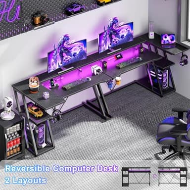 47 Inch Gaming Desk with Power Outlet & LED Lights, Corner Computer Desk with 3 Tiers Storage Shelves, Home Office Desk with Monitor Stand for Small Space, Carbon Fiber Black - Image 3