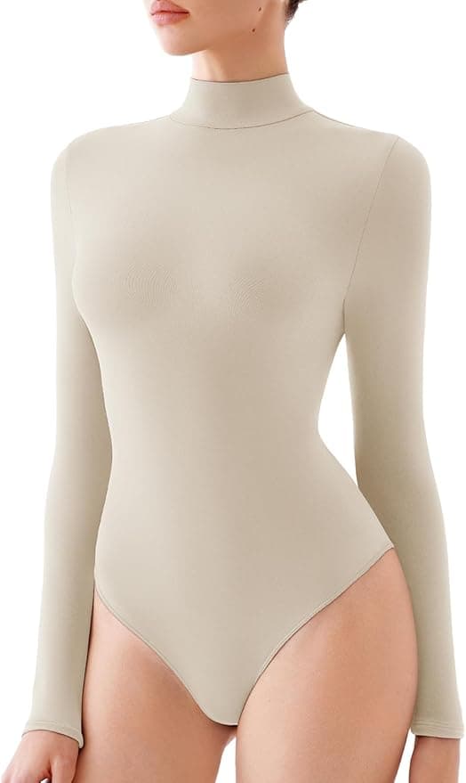 REORIA Women's Turtle Neck Long Sleeve Bodysuits Basic Slim Fit Double Lined Layering Tops for Fall & Winter - Image 1