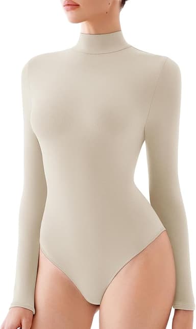 REORIA Women's Turtle Neck Long Sleeve Bodysuits Basic Slim Fit Double Lined Layering Tops for Fall & Winter - Image 1