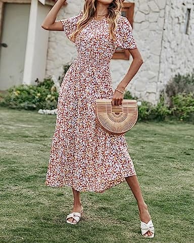 PRETTYGARDEN Women's Summer Casual Short Flutter Sleeve Round Neck Smocked Waist Tiered Boho Floral Flowy Maxi Dress(Floral and Leave Brown White,XX-Large) - Image 2