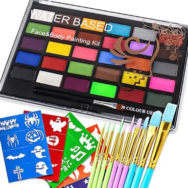 VOLLUCK Face Paint Kit, Water Based Facepaint Makeup Kit with 30 Vibrant Colors, 10 Brushes & 6 Stencils, Easy to Use and Clean Body Paint for Halloween, Birthday, Cosplay, Festivals - Image 1