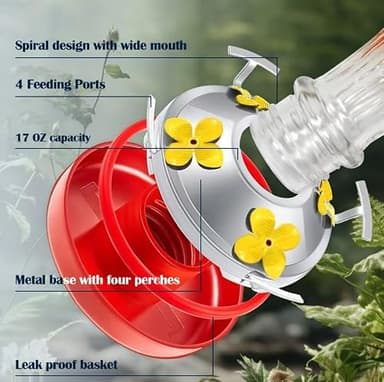 Hummingbird Feeder for Outdoors,17 OZ Glass Humming Bird Feeder for Garden Decor,Four Flowers Feeding Ports,Leak Proof,Ant Moat Included,Humming Gifts for Women - Image 5