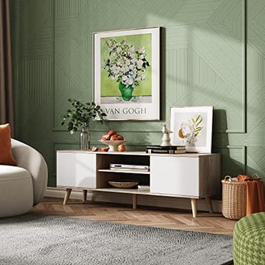 WLIVE TV Stand for 55 60 inch TV, Boho Entertainment Center with Storage Cabinets, TV Console for Living Room Decor, Greige White - Image 4