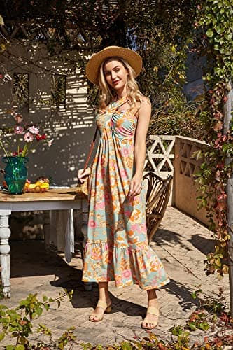 2024 Women Sleeveless Criss Cross Halterneck Floral Print Beach Maxi Dress for Summer Greygreen M - Image 3
